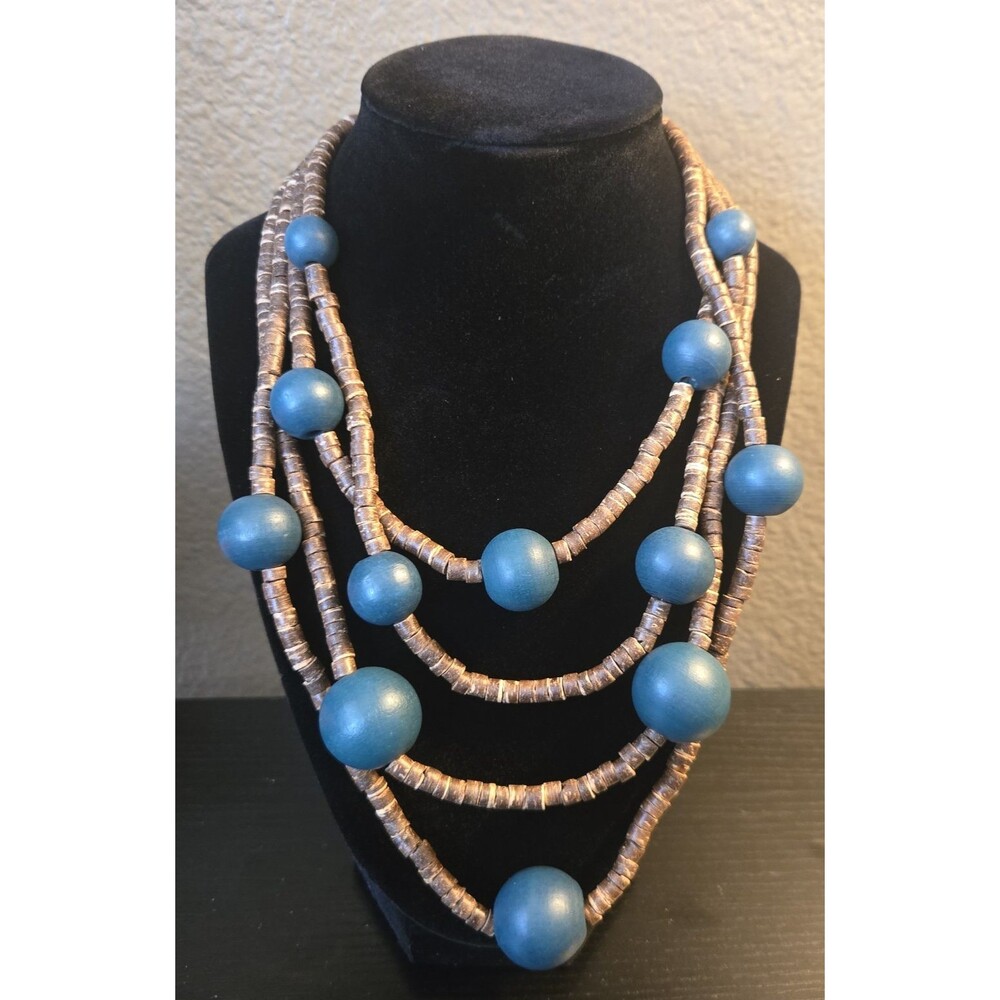 Plunder Multi-Strand Statement Necklace Brown Teal Wood Bead Boho Tiered Layered